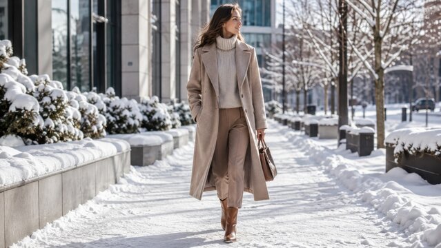 Stylish woman in elegant winter fashion walking on a snowy modern city street