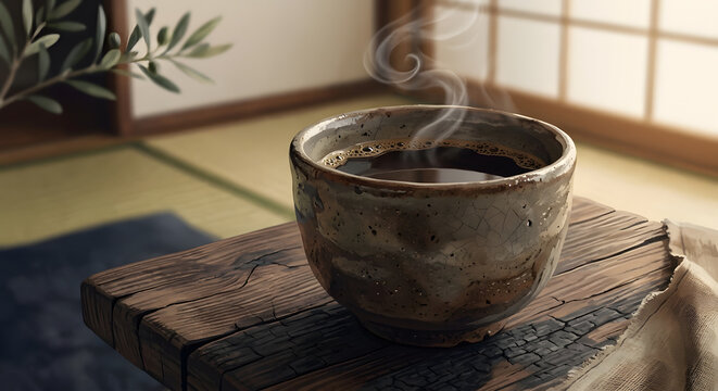 Steaming hot coffee served in a rustic ceramic cup on an old wooden table in a Japanese room