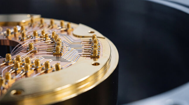 Quantum computing hardware close-up of gold-plated cryogenic wiring and superconducting circuit board