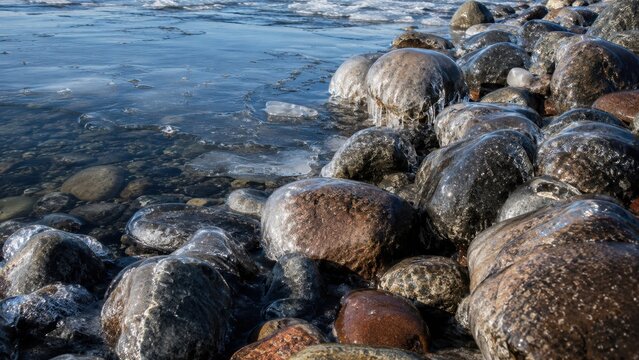 Ice covered rocks along a frozen shoreline with clear water in a cold winter landscape