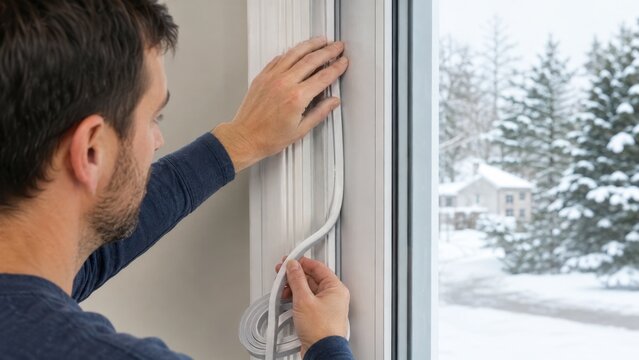 Man installing weather stripping around a window to improve home insulation during winter