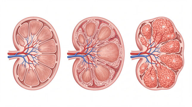Kidney disease progression shown in cross section medical illustration detailing healthy tissue, early damage, and advanced polycystic tumors with renal vessels on white for urology education