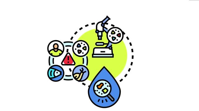 Microscopic contaminants circulate through water, impacting human health and aquatic ecosystems, with a scientist inspecting pathogens using a lab microscope