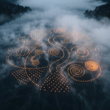 Aerial view of drone light show forming glowing spiral patterns over misty lake surrounded by dark forest