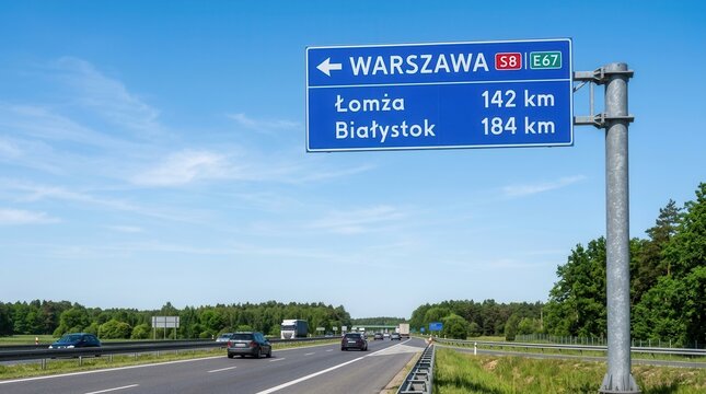 Polish Highway Sign Directing To Warsaw And Other Cities
