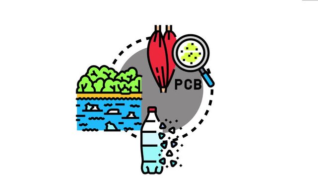 Microscopic contaminants, including microplastics and pcbs shown affecting muscle tissue and polluting water, reflecting environmental pollution and its impact on living organisms