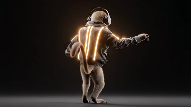 Playful monkey in a modern jacket with headphones dancing freely mid motion well defined lighting sharp focus lively joyful scene