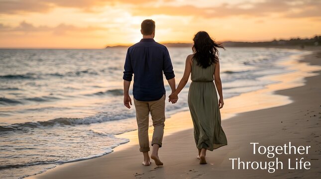 Happy couple walking together on sandy beach during golden hour sunset