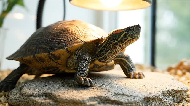 Turtles Slowly Moving Across a Rocky Surface, Illuminated by Warm Light. Gentle Animation, Looping Footage for Nature Backgrounds.