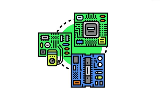 Microprocessor circuit components and electronic engineering elements connecting, symbolizing modern technology development, computing, and electronic device production