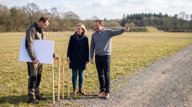 Construction: Project team reviews building plans and site boundaries before rural development
