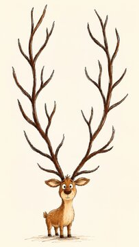 Cute Christmas reindeer with enormous branching antlers on a clean cream background