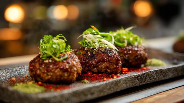 Sizzling beef mince patties without bun served on a modern plate steam effect light blurred background focused presentation