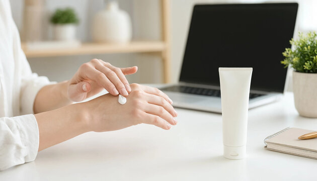 Woman applying white hand lotion while sitting at a clean desk with a laptop hand cream moisturizing lotion skincare routine skin care personal care hand treatment moisturizer tube