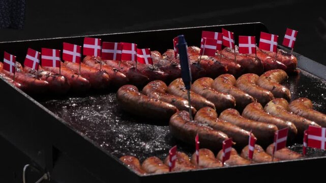 Close-up of traditional Danish sausages with small flags in Copenhagen, Denmark