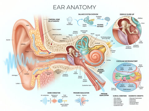 Human ear anatomy diagram displaying inner structures including ossicles cochlea semicircular canals and auditory pathways for medical science educational purposes