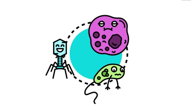 Microorganisms featuring a bacterium, a virus, and a single celled organism, communicating scientific biology and medical concepts in a flat line art style
