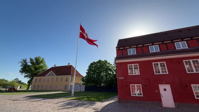 Wide-angle view of historic red barracks at Kastellet in Copenhagen, Denmark