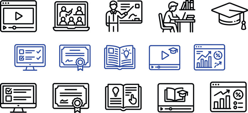 Online Education Line Icon Set for E-Learning and Online Courses Vector