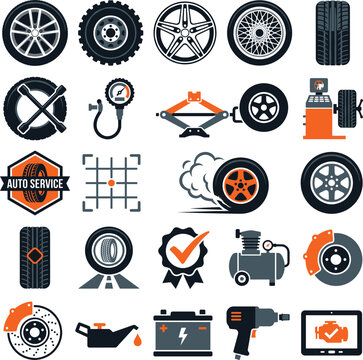 Automotive tire repair shop and garage mechanics vector icons set featuring alloy wheels car jack lug wrench and brake discs isolated