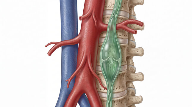 Lymphatic vessel valve structure near spine illustrated with aorta, vena cava, and vertebrae on white, highlighting human lymph flow for medical education and clinical reference