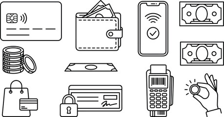 Fototapeta premium Financial banking and money payment line icons set featuring credit card leather wallet smartphone contactless transfer cash notes and coins symbols