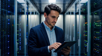 Fototapeta premium Professional man using a digital tablet inside a server room data center
