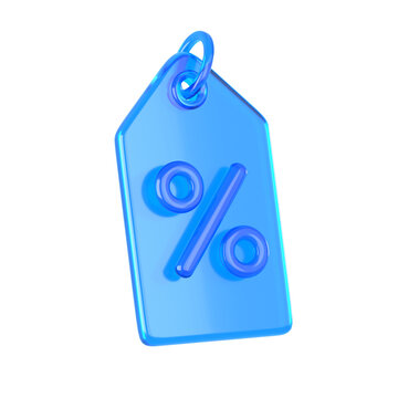 A shiny blue glass price tag icon with a percentage symbol isolated on a for commercial retail promotion and discount marketing campaign.glass icon.3d render
