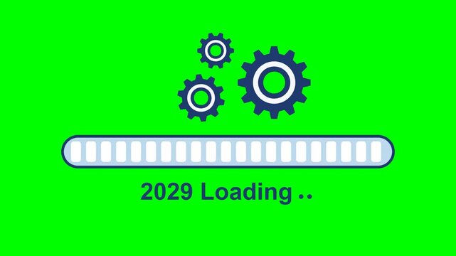 Flat vector loading composition like the reference on solid chroma green background with ALL shadows removed: three navy blue gears with white inner rings (large right, medium left, small top) SPIN co