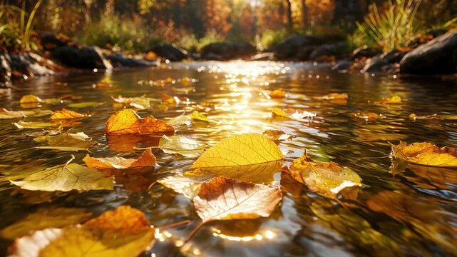 Autumn leaves floating on forest stream at sunset. Low angle tracking shot of golden foliage on water surface.