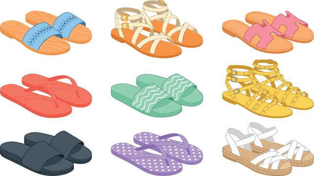 Summer Footwear Vector Icon Set featuring Women Sandal Designs, Flip Flops, Beach Slides, and Gladiator Strappy Shoes for Fashion and Vacation Themes
