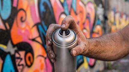 Fototapeta premium A close-up shot of a spray paint can in the hand of a graffiti artist creating colorful urban street art on a brick wall