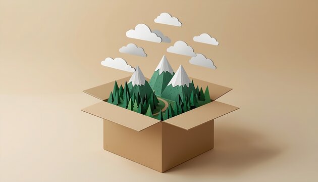 Paper craft mountains and pine trees inside an open cardboard box create a whimsical miniature landscape on a neutral background