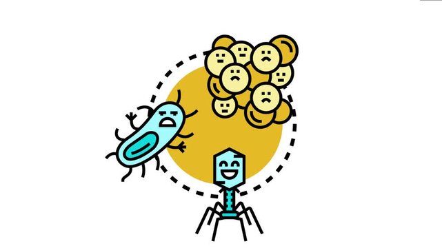 Microorganism battle a bacteriophage attacking a bacterial colony, symbolizing antibiotic alternatives and new approaches in medical discovery and scientific development