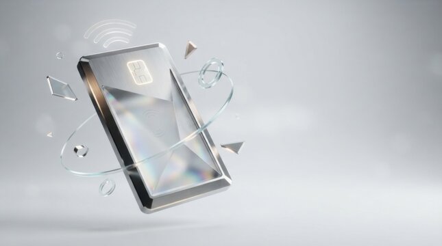 Modern silver smartphone floating with abstract glass shapes and wifi symbol