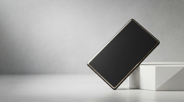 Black rectangular smartphone screen mockup on a white geometric stand