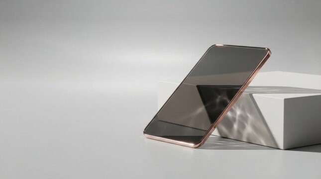 Modern smartphone with rose gold frame resting on a white geometric block