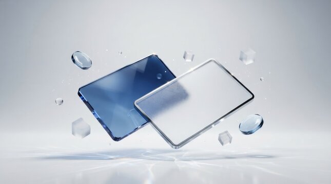 Modern blue smartphone and transparent glass screen floating with ice cubes