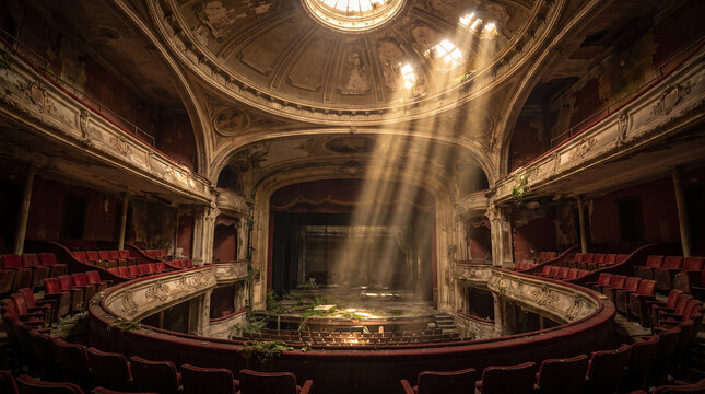 Dilapidated theater interior with light rays hitting old dusty stage floor.