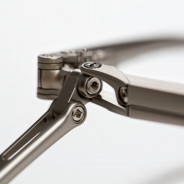 Close up of metal mechanical linkage with screws on a white background