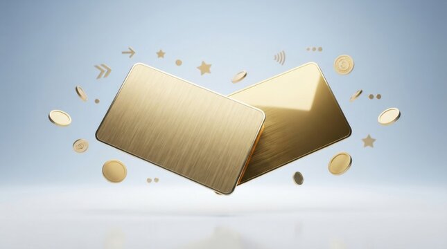 Two blank gold credit cards with floating gold coins and stars