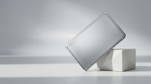 Blank silver metal rectangular tin box on a white cube display stand