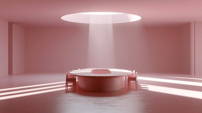 A minimalist pastel-pink room features a large round table beneath a circular skylight casting radiant beams downwards.