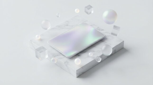 Blank smartphone screen on marble podium with floating 3d abstract shapes