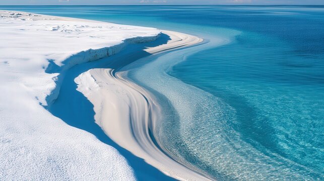 Snow and ice formations on a sandy coastline beside turquoise ocean water