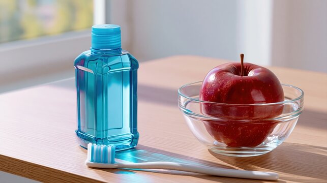 Healthy lifestyle items including mouthwash toothbrush and fresh apple in bowl on wooden surface