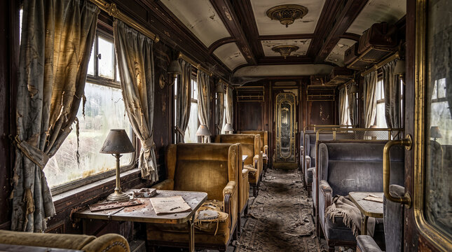 Abandoned luxury train car interior with decayed seats and dusty windows.