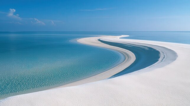 Serene white sandbar curves through clear turquoise ocean water under blue sky