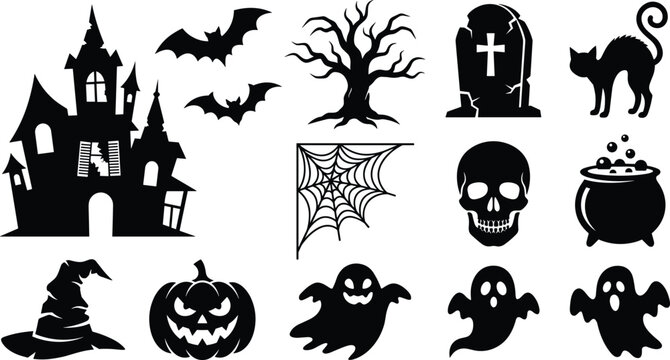  Halloween black silhouette icon set with haunted house pumpkin ghost skull spider web bat spooky tree witch hat cauldron and gravestone elements isolated on white background.