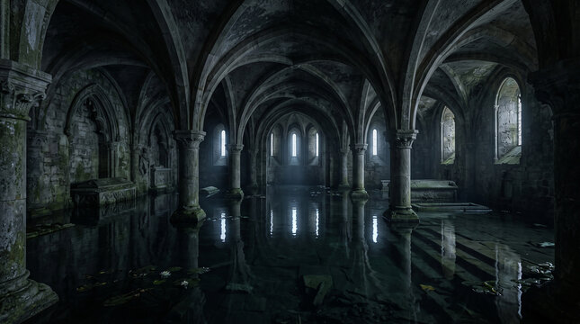 Flooded subterranean vault with stone arches and ancient tomb structures.